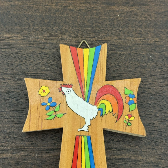 Cross El Salvador Vtg Handmade Rooster Rainbow Folk Art Colors Floral Religious - Picture 3 of 15